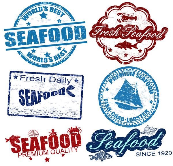 مجموعه تمبرهای لاستیکی گرانج که داخل آن کلمه غذاهای دریایی نوشته شده است وکتور