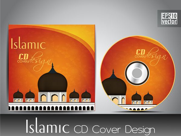 طرح جلد سی دی اسلیمی با شبح مسجد یا مسجد با طرح موج انتزاعی به رنگ نارنجی و زرد وکتور