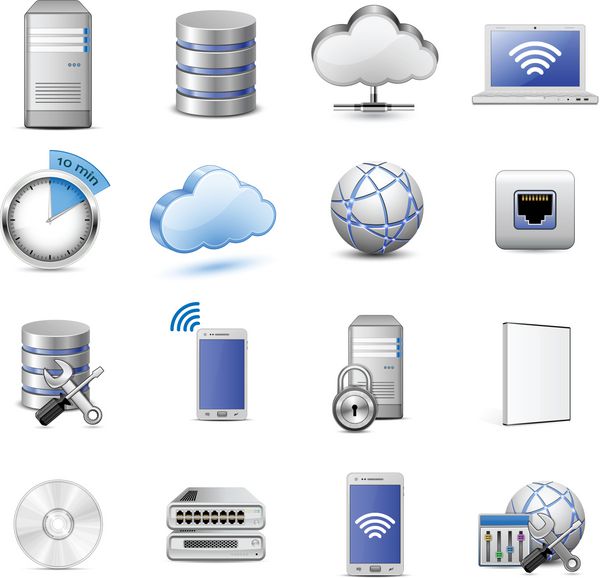 مجموعه بزرگی از دستگاه های IT و نمادهای محاسباتی 16 آیکون وکتور بسیار دقیق سرورها پایگاه های داده دستگاه های شبکه و مفهوم رایانش ابری