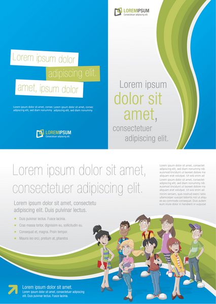 قالب سبز و آبی برای بروشور تبلیغاتی با دانش آموزان نوجوان