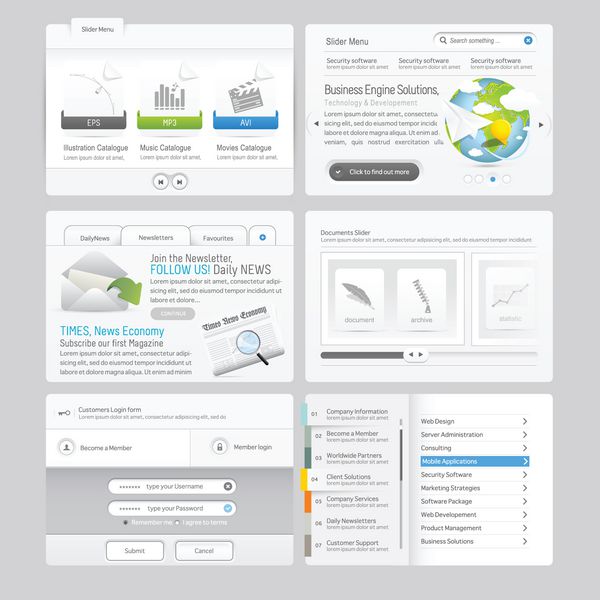 عناصر منوی قالب طراحی وب سایت با مجموعه آیکون ها Forms و Image Slider