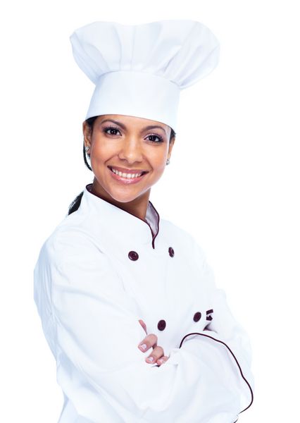 زن آشپز نانوا جدا شده در پس زمینه سفید