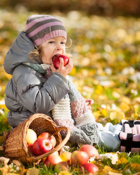 کودک شاد در حال خوردن سیب قرمز در پارک پاییز مفهوم سبک زندگی سالم