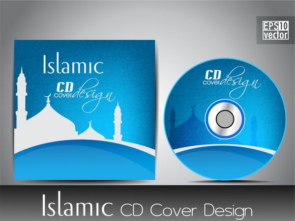 طرح جلد سی دی اسلیمی با سیلوئت مسجد یا مسجد با افکت موج و گرانج به رنگ سبز وکتور