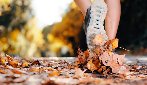 نزدیک پای یک دونده در حال دویدن در برگ های پاییزی تمرین برای ماراتن و تناسب اندام سبک زندگی سالم