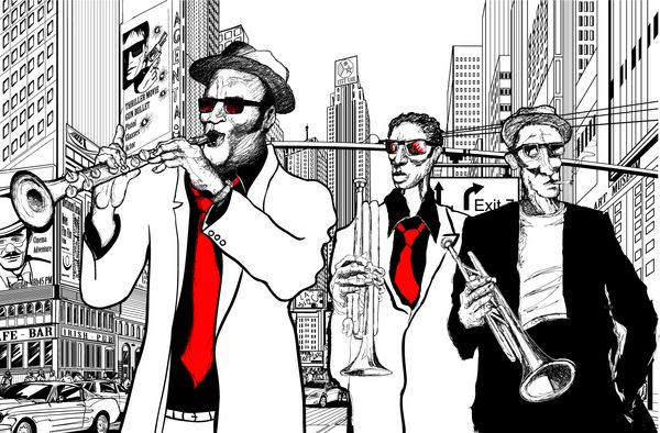 تصویر یک گروه جاز در خیابانی از نیویورک با ترومپت