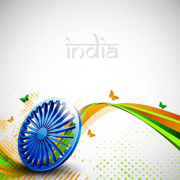 پس زمینه موج خلاقانه رنگی پرچم هند با چرخ سه بعدی آسکا و پروانه ها