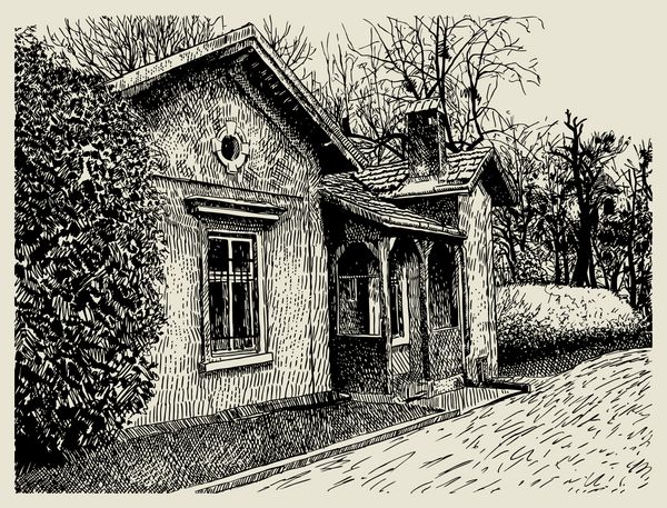 طراحی دستی ترکیب منظره روستایی هنرمندانه با ساختمان قدیمی من نویسنده این تصویر هستم