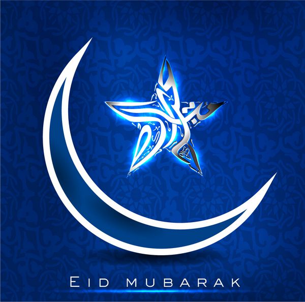 ماه و ستاره درخشان در متن عربی عید مبارک در پس زمینه انتزاعی خلاقانه آبی