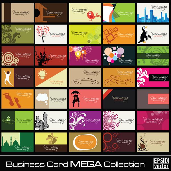 مگا مجموعه 35 کارت ویزیت حرفه ای و طراح انتزاعی یا کارت ویزیت با موضوعات مختلف به صورت افقی چیده شده است