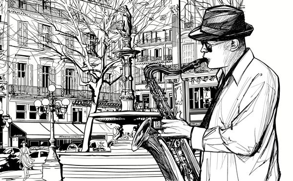 وکتور ساکسیفونیست در حال نواختن ساکسیفون در خیابانی از پاریس