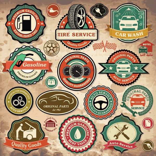مجموعه ای از برچسب ها نشان ها و نمادهای ماشین قدیمی گرانج قدیمی