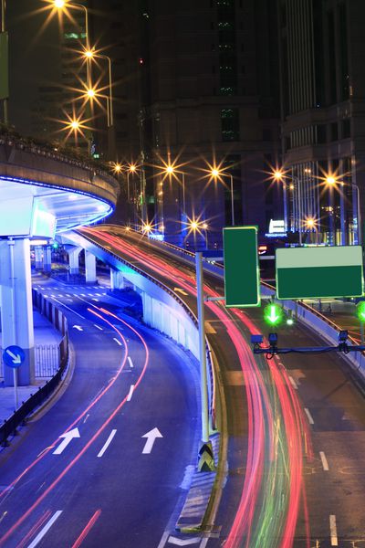 بزرگراه مگاسیتی در شب با مسیرهای نورانی در شانگهای چین