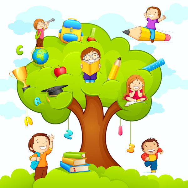 وکتور از بچه ها در حال مطالعه روی درخت با شی آموزشی مختلف