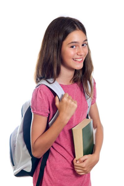 دختر مدرسه ای با کتاب در دست گرفتن کوله پشتی