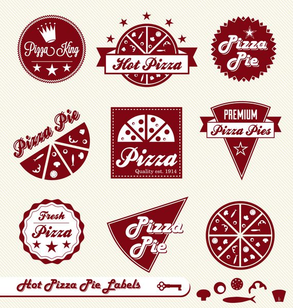 مجموعه وکتور برچسب ها و نشان های پای پیتزا با عناصر تاپینگ