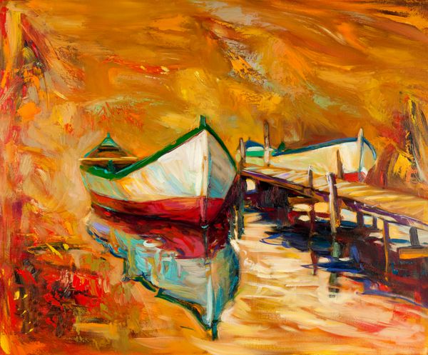 نقاشی رنگ روغن اصلی قایق ها و اسکله اسکله روی بوم غروب خورشید بر روی اقیانوس امپرسیونیسم مدرن