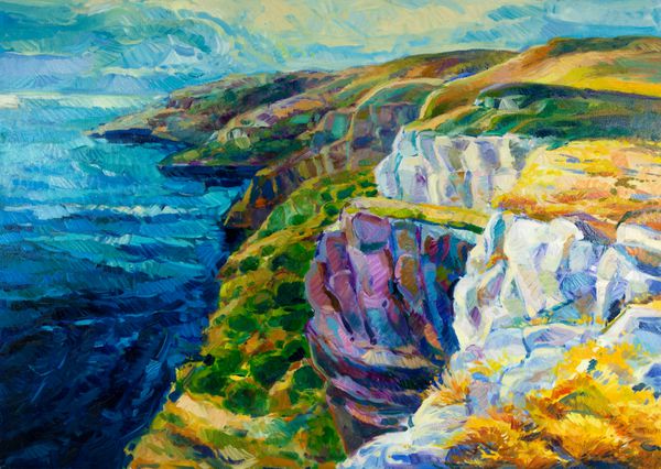 نقاشی رنگ روغن اصلی از ساحل اقیانوس دریا و صخره ها روی بوم امپرسیونیسم مدرن