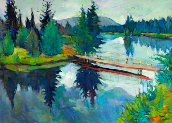 نقاشی رنگ روغن اصلی منظره جنگلی رودخانه و پل امپرسیونیسم مدرن