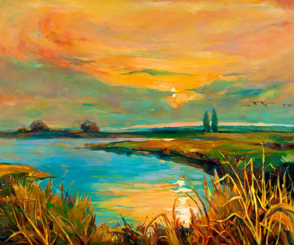 نقاشی رنگ روغن اصلی دریاچه زیبا منظره غروب خورشید سرخس عجله آسمان و ابرها امپرسیونیسم مدرن