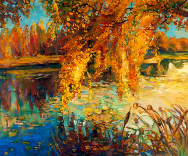 نقاشی رنگ روغن اصلی دریاچه زیبا منظره غروب آفتاب جنگل و آسمان پاییزی امپرسیونیسم مدرن