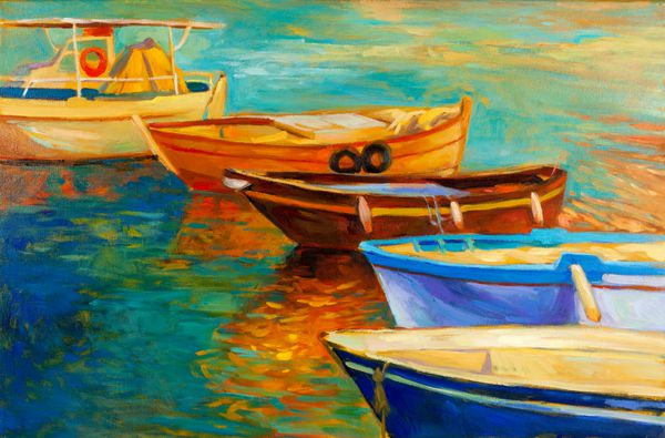 نقاشی رنگ روغن قایق و دریا روی بوم غروب خورشید بر روی اقیانوس امپرسیونیسم مدرن