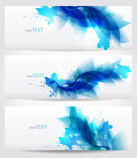 مجموعه ای از سه بنر عناصر آبی گلدار انتزاعی با لکه