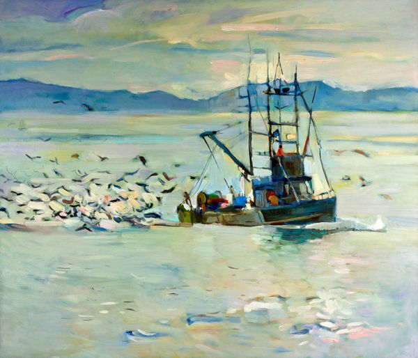 نقاشی رنگ روغن اصلی قایق ماهیگیری کشتی در اقیانوس احاطه شده توسط مرغان دریایی روی بوم امپرسیونیسم مدرن