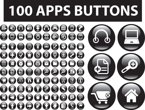 مجموعه دکمه های براق مشکی 100 برنامه وکتور