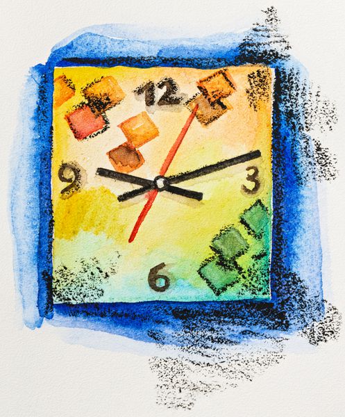 مفهوم زمان ساعت مربع مدرن آبرنگ با نقاشی تخته سنگ و مداد