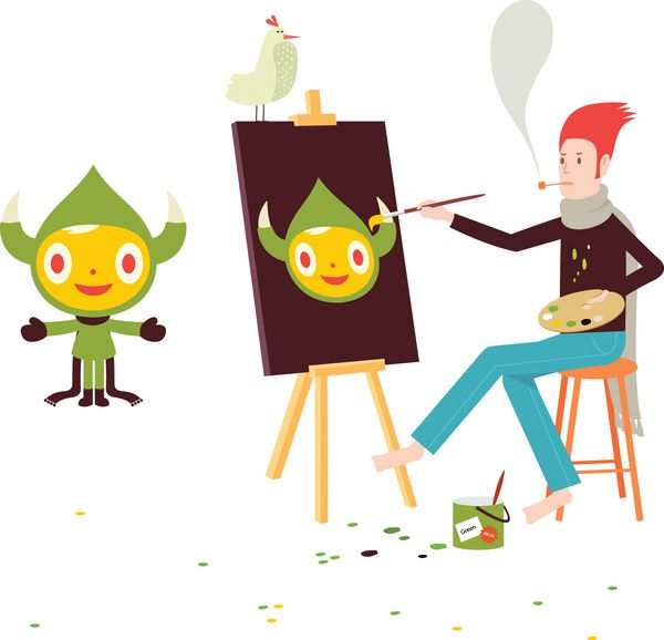 هنرمندی که تصویر یک شخصیت شاخدار سبز را با پرنده می کشد