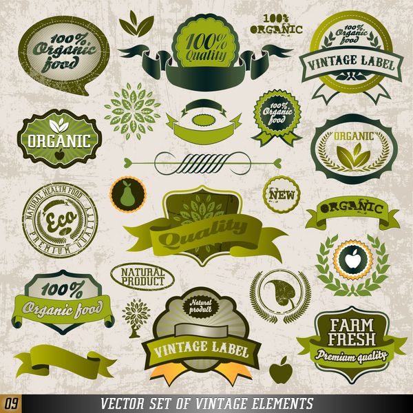 برچسب های مواد غذایی ارگانیک و عناصر برداری طراحی گرافیک قابل ویرایش برای طراحی شما