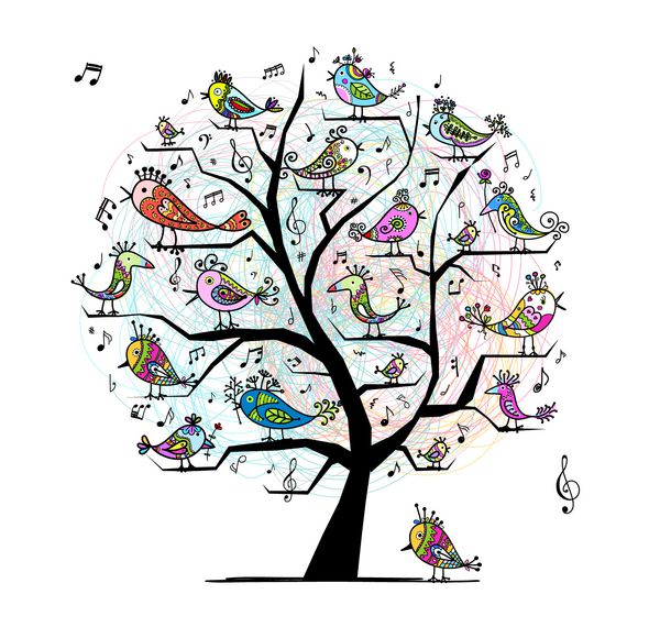 درخت خنده دار با پرندگان آوازخوان برای طراحی شما
