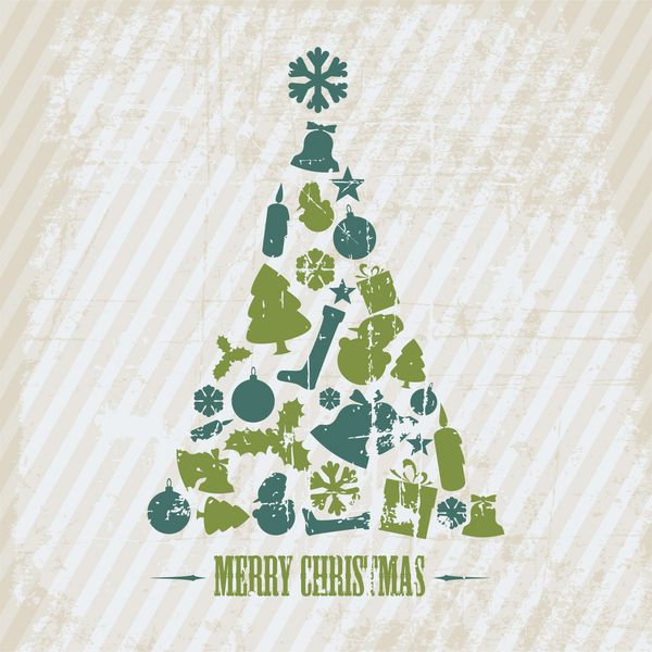 درخت کریسمس وکتور Vintage Grunge ساخته شده از اشکال مختلف آبی و سبز