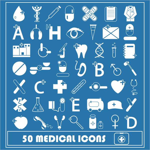 مجموعه 50 آیکون پزشکی سفید جدا شده در پس زمینه آبی وکتور طرح گرافیکی قابل ویرایش برای طرح شما نمادهای لوگو