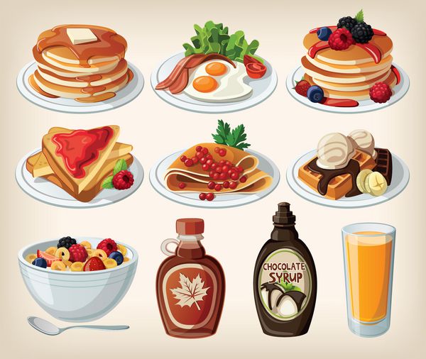 مجموعه کارتونی صبحانه کلاسیک با پنکیک غلات نان تست و وافل