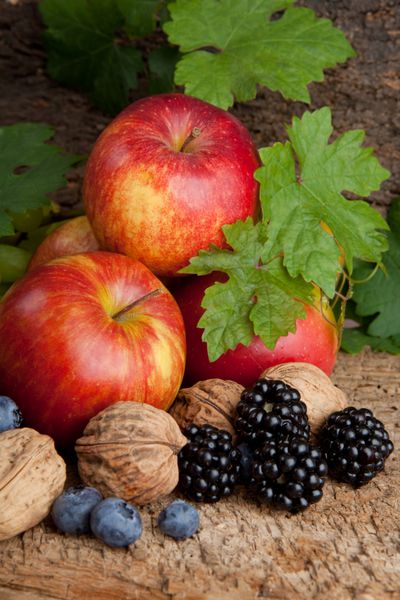طبیعت بی جان برای شکرگزاری با میوه های پاییزی آجیل و انواع توت ها