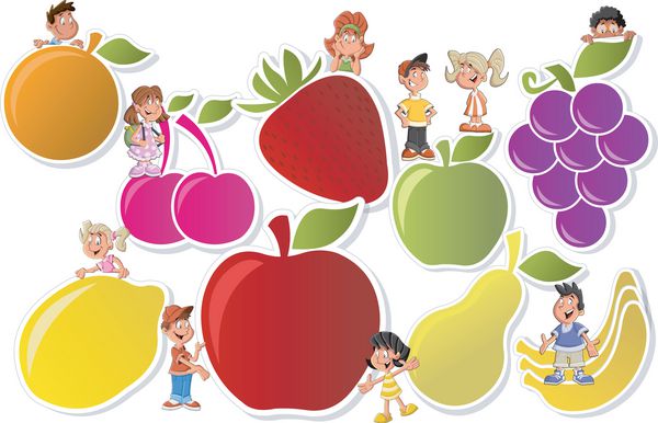 قالب رنگارنگ بروشور تبلیغاتی با میوه ها و کودکان کارتونی