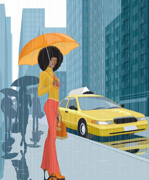 زن جوان سیاه پوست با چتر در شهر در هوای بارانی