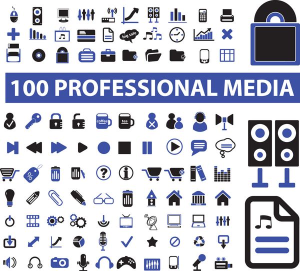 مجموعه 100 آیکون رسانه حرفه ای وکتور