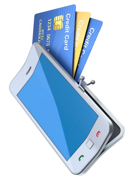 مفهوم سه بعدی با تلفن همراه و کارت های اعتباری