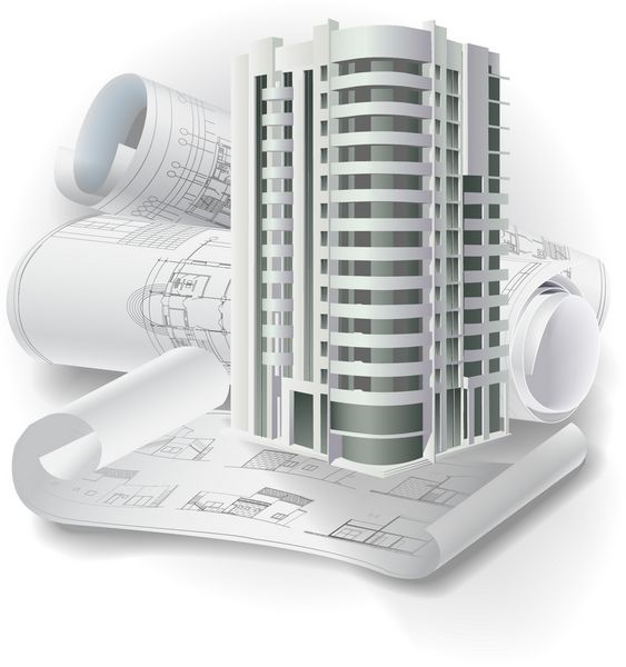 پس زمینه معماری با مدل ساختمان سه بعدی و رول نقشه های فنی بخشی از پروژه معماری وکتور کلیپ آرت