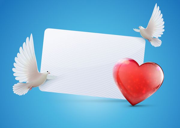 تصویر وکتور کارت پستال با دو کبوتر سفید براق زیبا و شکل قلب