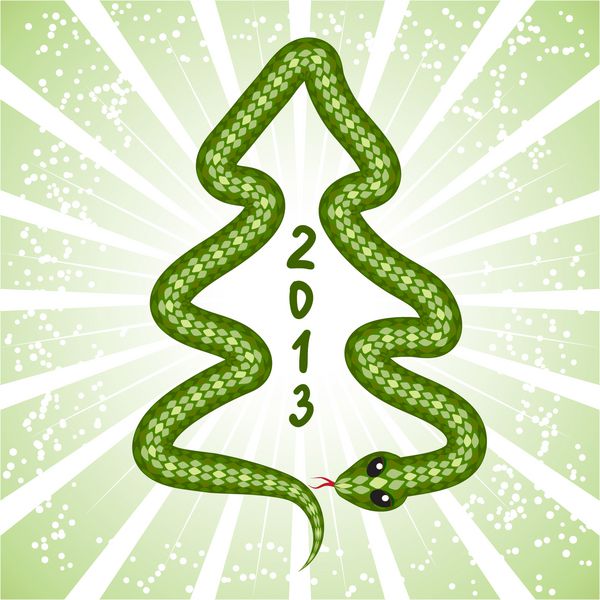 کارت سال نو با یک مار زیبا نماد سال 2013 به شکل درخت کریسمس
