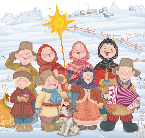 جوانان و کودکان در روستای روسیه در حال خواندن سرودهای کریسمس در جشن کریسمس