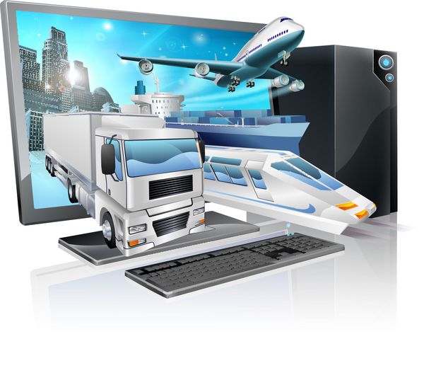 یک رایانه رومیزی با کامیون قطار هواپیما و کشتی که از صفحه نمایش بیرون می‌آیند مفهوم حمل و نقل یا تحویل لجستیک