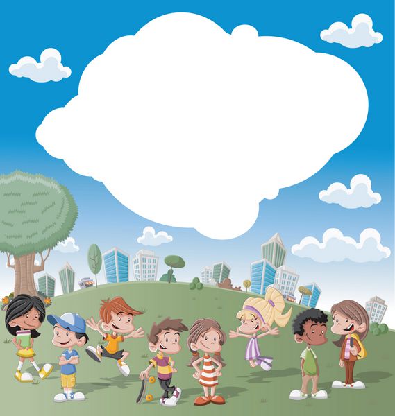 قالب رنگارنگ برای بروشور تبلیغاتی با گروهی از بچه های کارتونی شاد و ناز در حال بازی در پارک سبز در شهر