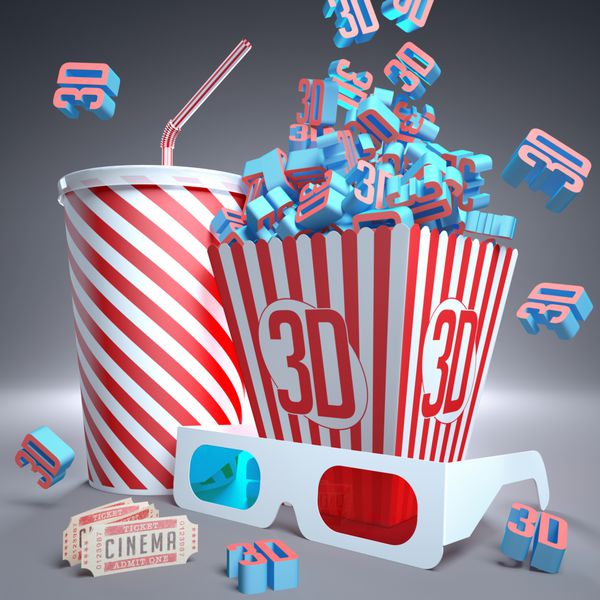 نمادهای سه بعدی در بسته نوشابه عینک سه بعدی و بلیط فیلم آماده برای فیلم