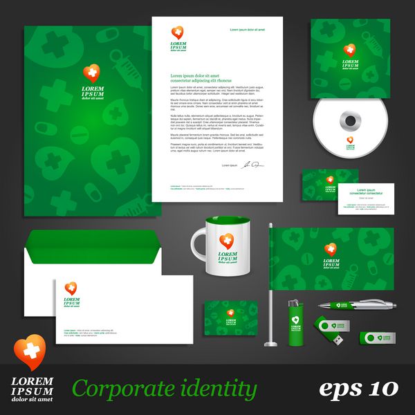الگوی هویت سازمانی پزشکی سبز وکتور سبک شرکت برای برند و دستورالعمل