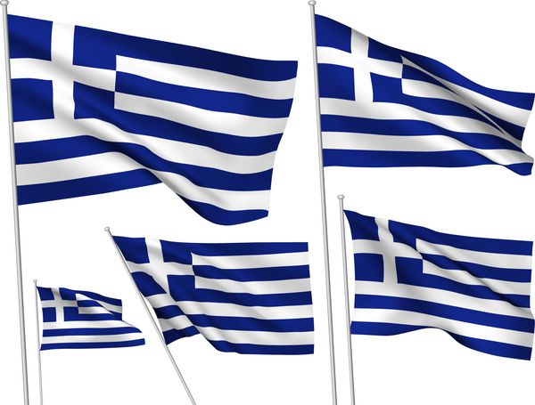 پرچم های وکتور یونان مجموعه ای از 5 پرچم سه بعدی موج دار که با استفاده از مش های گرادیان ایجاد شده اند